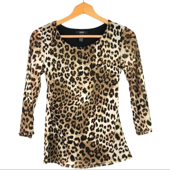 Alfani - Cheetah 3/4 Sleeve Blouse w/ Gold Jewel - Picture 2 of 6